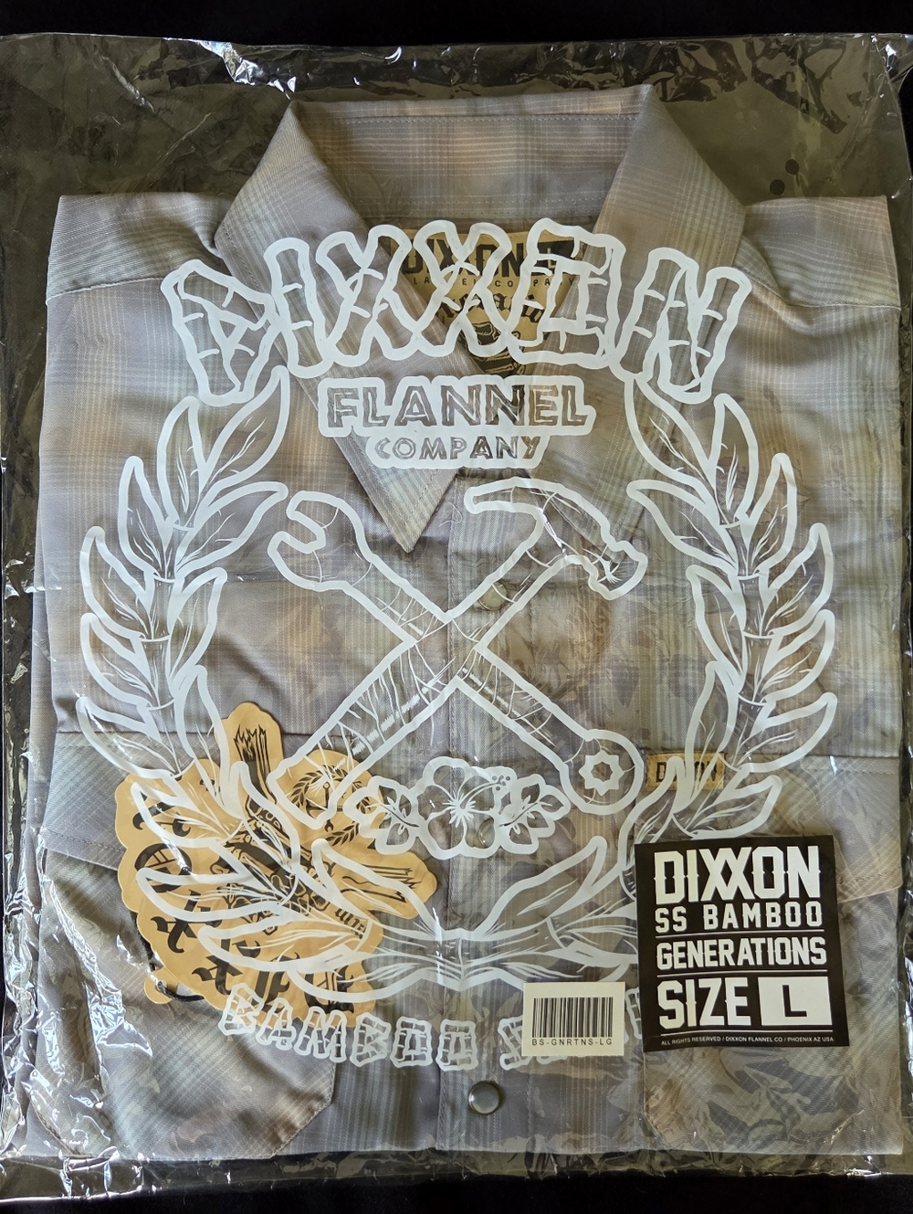 Dixxon Flannel Company "Generations" Large SS Bamboo Shirt Gray/Blue/Gold BNIB
